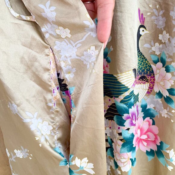 Peacock Kimono Bat Wing Sleeves Golden Beige Orchids Floral No Belt Size XL - Picture 11 of 12